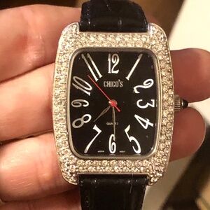 3/$40 VTG CHICO'S Black Leather Dbl Row Crystals Bezel Women's Wristwatch CH-949